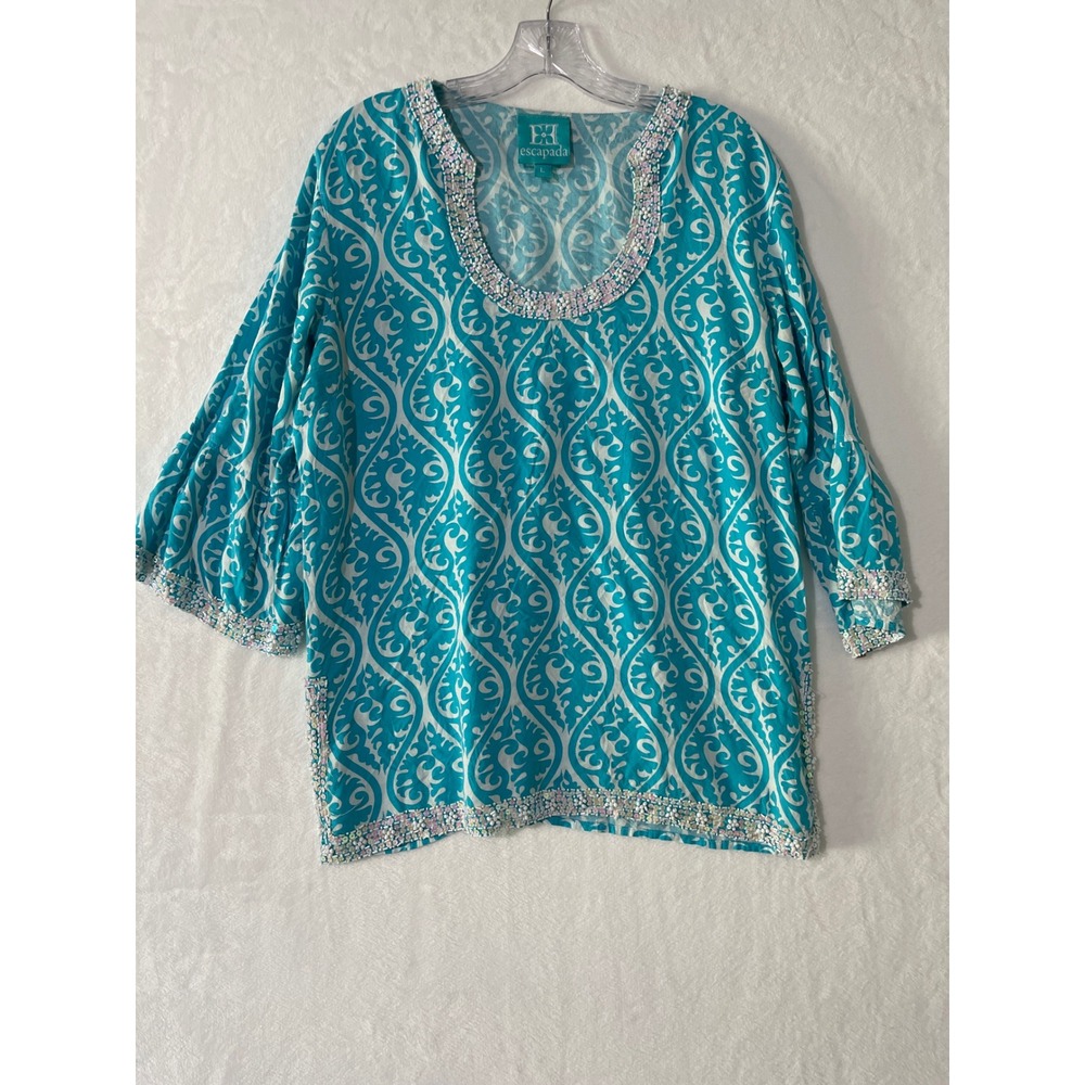 Escapada Turquoise White‎ Paisley Beaded Sequin Bell Sleeve Tunic Top Lg